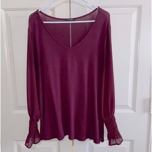 Papermoon Plum Colored V-Neck Top w/ Sheer Arms & Ruffled Cuffs, Large